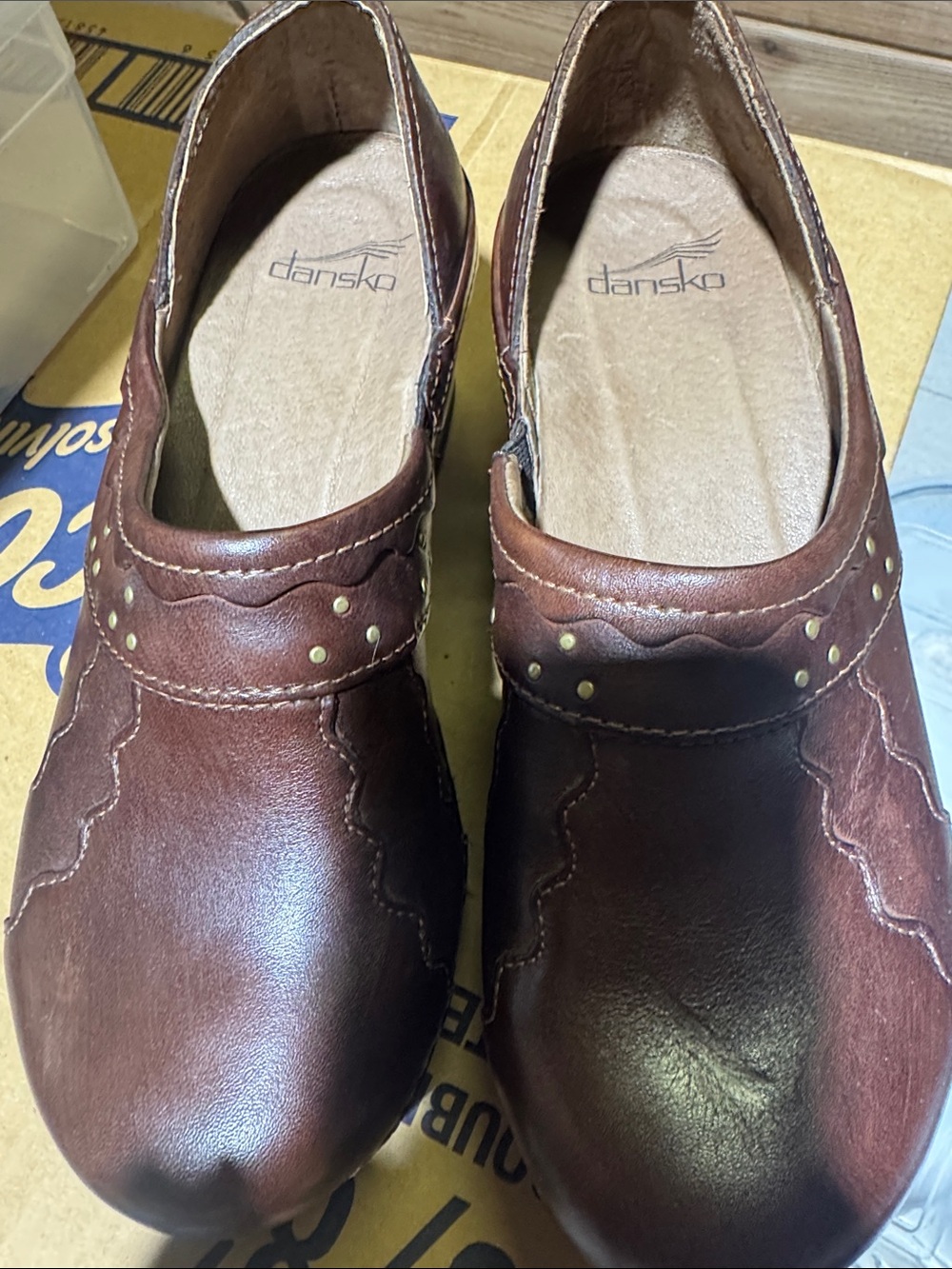 Dansko Brown Leather Slip-On Loafers with Stud Accents